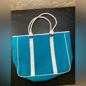 LANCOME | Turquoise Canvas Beach Bag with Floral Fabric Interior